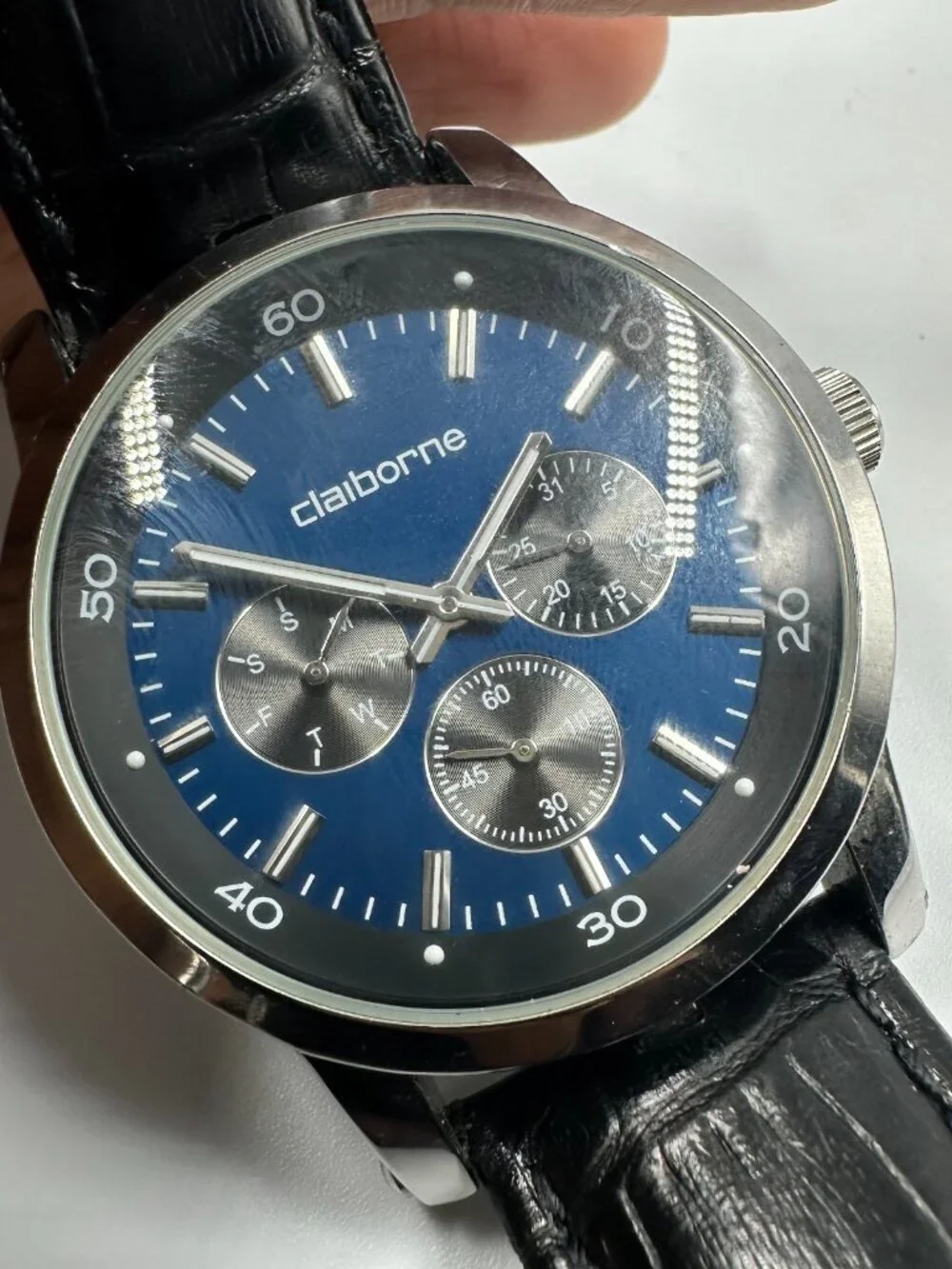 Claiborne Watch Men Silver Tone Blue Dial Leather Band New Battery 10 Inch